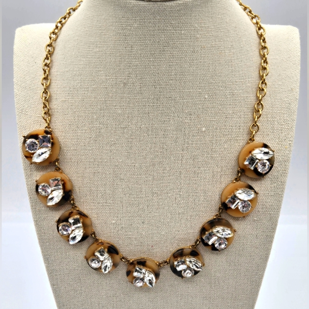 J. CREW Vintage Statement Necklace Gold Tone Tan Black Faux Stone w/ Rhinestone